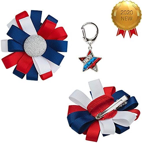 Blueberry Pet American Flag Accessory Set of Collar Accessory Hair Clip and Pedant for Dogs & Cats, USA Flag Color Floral and Star Tag