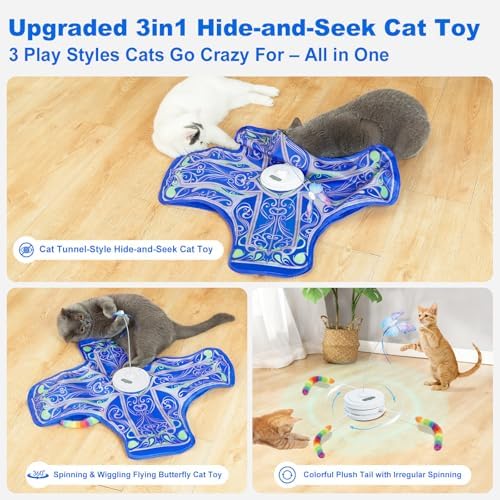 Interactive Cat Toys for Indoor Cats,Automatic Kitten Tunnel Toy | Rechargeable Touch Activated, Hide and Seek Design, Colorful Fluffy Tail & Butterfly, Cat Enrichment Toy for Bored Cats