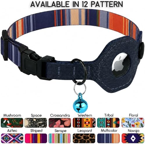 Breakaway Cat Collar with Leather AirTag Holder & Bell - Apple Air Tag Cat Collars for Girls & Boys, Lightweight Anti-Lost GPS Tracker Design, Printed Pattern - Safety and Adjustable (Multicolor)