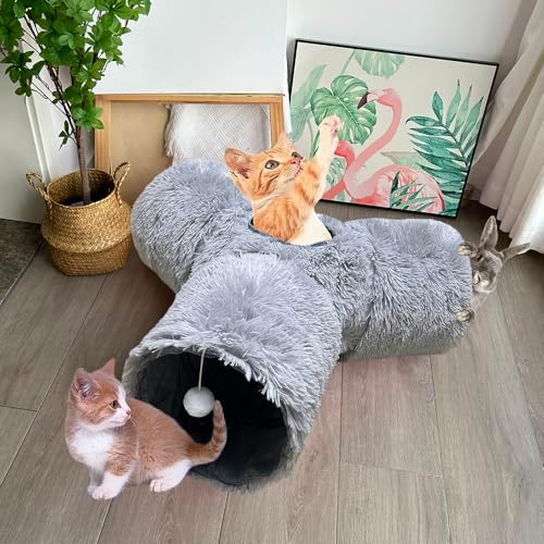 3-Way Collapsible Cat Tunnel Tube Toy Grey Plush