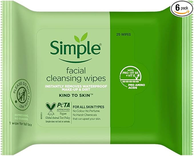 Simple Kind to Skin Cleansing Facial Wipes, 25 Count (Pack of 6)