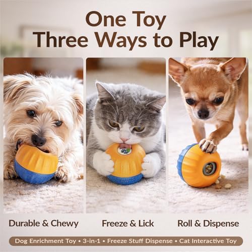 KADTC 3-in-1 Frozen Treat Toy & Dispenser Ball for Small/Tiny Dogs & Cats