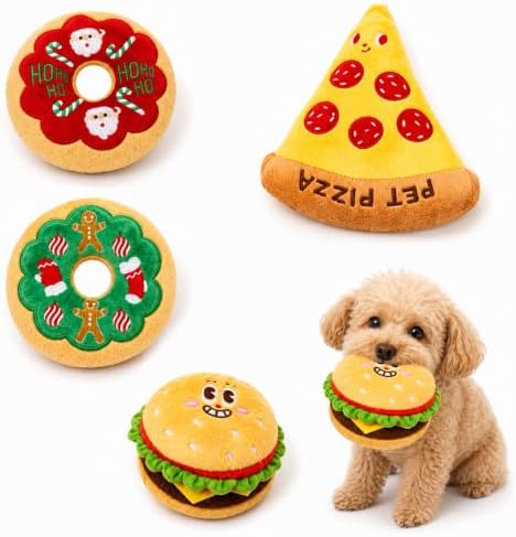 Hamburger, Pizza Dog Squeak Toy, 4 Pack (Colorful)