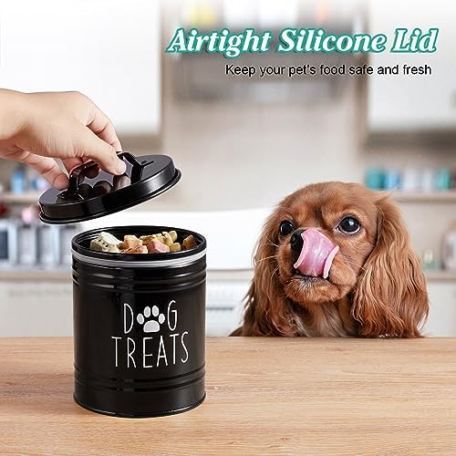 OUTNILI Small Dog Treat Container Airtight - 6" Tall X 4.9" Round Black Dog Treat Jar for Kitchen Counter - Rustic Treat Storage Canister for Dogs, Cats, Small Animals - Gifts for Pet Owners