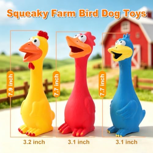 Squeaky Dog Toys 3 Pack, Natural Rubber Squeaky Chicken Rooster & Duck Interactive Chew Toys for Medium Large Dogs