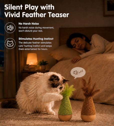 2-Pack Interactive Self-Righting Wobble Cat Toy with Feather, Fluffy Plush Wooden Tumbler for Bored Adult Indoor Cats Silent Self Play Cat Enrichment Toy, Green & Brown