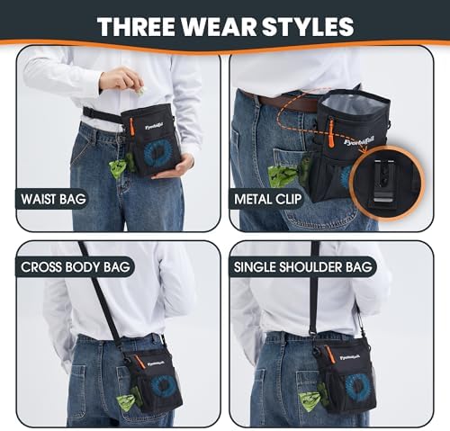 Dog Treat Pouch, 4 Cup Training Bag, Magnetic Closure, 3 Way Wear, Black | 600D waterproof Oxford fabric, multi pocket storage, zipper and mesh pockets, pull out poop bag dispenser, includes 2 rolls