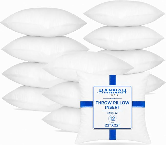 Hannah Linen Throw Pillow Inserts 22x22 – 12 Pack Square Decorative Cushion Stuffers for Couch, Sofa & Bed – Soft Fluffy Polyester Filled Pillow Inserts for Indoor Home Décor