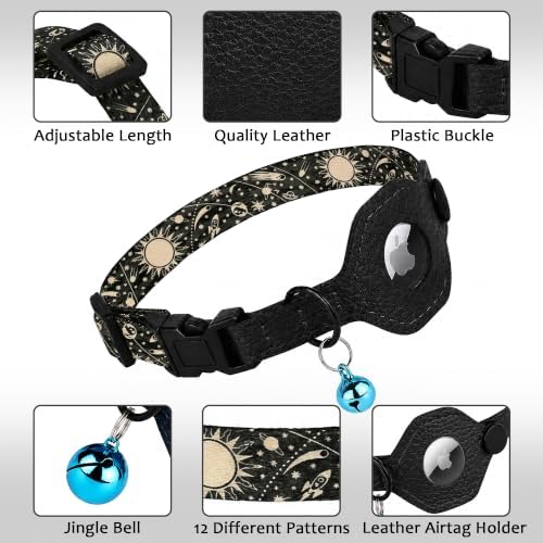 Breakaway Cat Collar with Leather AirTag Holder & Bell - Apple Air Tag Cat Collars for Girls & Boys, Lightweight Anti-Lost GPS Tracker Design, Printed Pattern - Safety and Adjustable (Space)