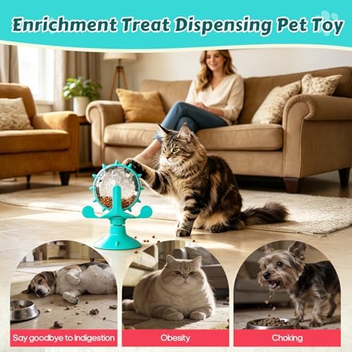 Cat Food Treat Dispenser Toy Interactive with 360°Rotating Windmill Suction Cup for Indoor Cats, Kittens & Small Dogs Slow Feeder Snack Exercise & Distribution Wheel Toy