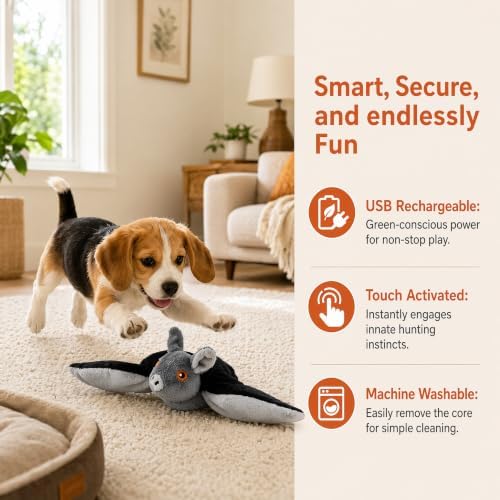 Flying Bat Dog Toy, Touch Activated Flapping Wings Interactive Pet Teaser, Motion Sensor Electric Squeaky Bird Doll for Aggressive Chewers Cats Puppy (B)