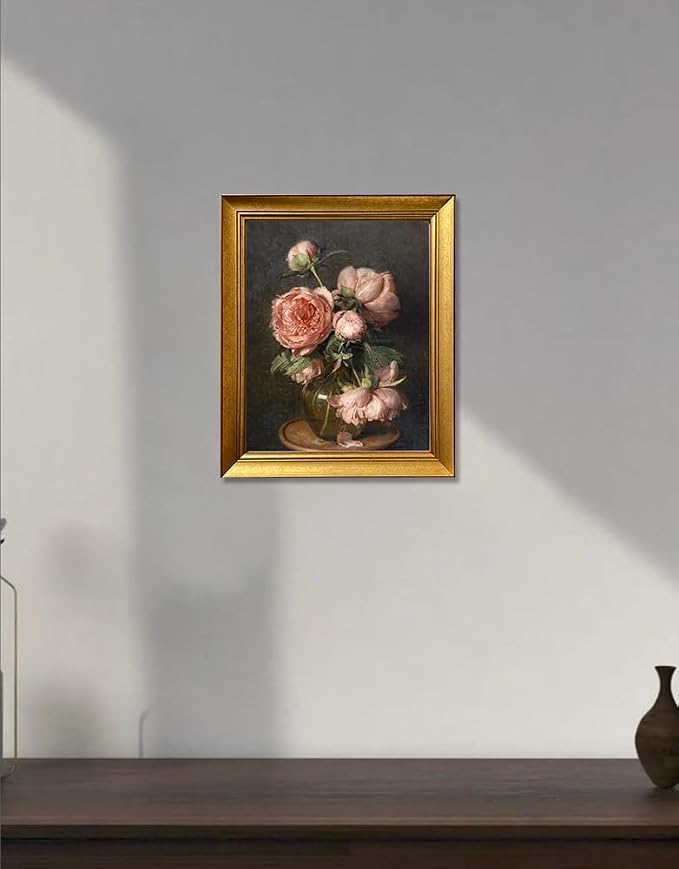 Vintage Framed Dark Floral Picture Wall Decor Pink Peonies Flower Wall Art Farmhouse Moody Canvas Print Artworks for Living Room Bedroom Bathroom Decor
