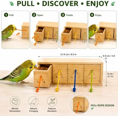 Bird Foraging Toys, Wooden Bird Foraging Box with 4 Compartments, Interactive Parrot Puzzle Toy for Treat Dispensing and Natural Enrichment, Parakeet, Cockatiel, Lovebird and Conure Cage Accessories