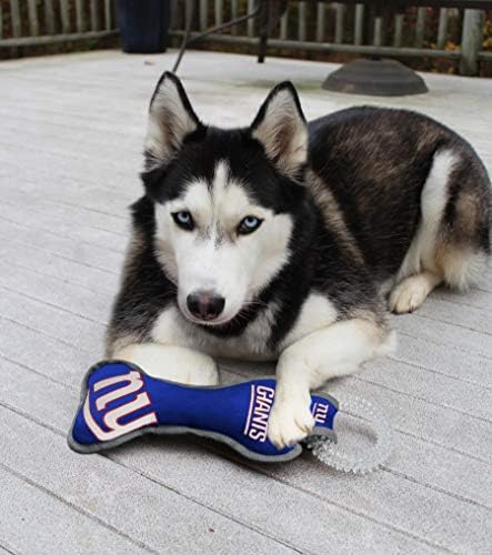 Pets First NFL New York Giants Dental Dog TUG Toy with Squeaker. Tough PET Toy for Healthy Fun, Teething & Cleaning Pet's Teeth & Gum., Team Color, one Size (NYG-3310)