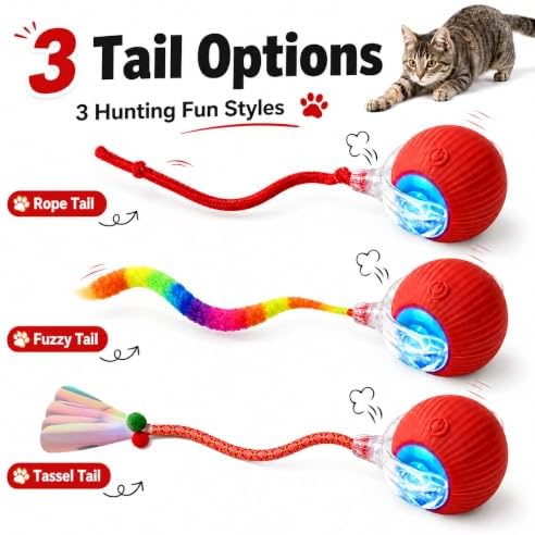 Interactive Automatic Rolling Chase Indoor Cat and Dog Ball Toy | 3 Different Rope Tails Smart Electric Moving Stimulating Rechargeable Self Play Teaser for Boredom Pet, with Rope