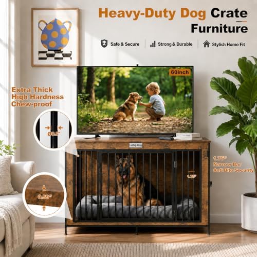 XL Dog Crate Furniture 48'' | Extra Large Heavy Duty Anti-Chew Dog Kennel | Rustic Wooden Entertainment Center & TV Stand with 400LB Top Capacity | Escape Proof Double Door Pet House