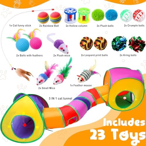 21 Pcs Cat Tunnels for Indoor Set, 3 In1 Collapsible Cat Tunnel Toy with Cube Tent Toys Combo and 20 Pcs Interactive Kitty Toys Feather Toy Fluffy Mouse Crinkle Balls for Kitten Puppy