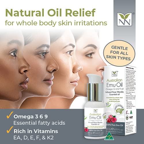 Y Not Natural Pure Emu Oil - Organic Moisture for Face, Body, Hair, Scalp & Nails - Rich in Omega 3-6-9, Vitamins & Essential Minerals - Australian Emu Oil (60ml) 2.03 fl oz - Rose Wardia