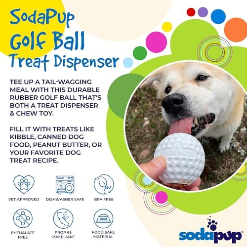 SodaPup Golf Ball – Durable Dog Treat Dispenser & Chew Toy Made in USA from Non-Toxic, Pet Safe, Food Safe Rubber Material for Mental Stimulation, Problem Chewing, Calming Nerves, & More