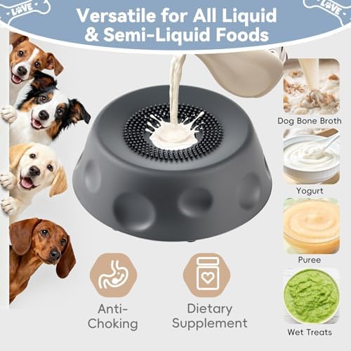Anti-Choking Slow Feeder Dog Bowl, Interactive Lick Pad with Spinning Ball to Stop Boredom & Separation Anxiety, Food-Grade Silicone Lick Treat Toy for All Breeds Puppies to Large Dogs (Black)