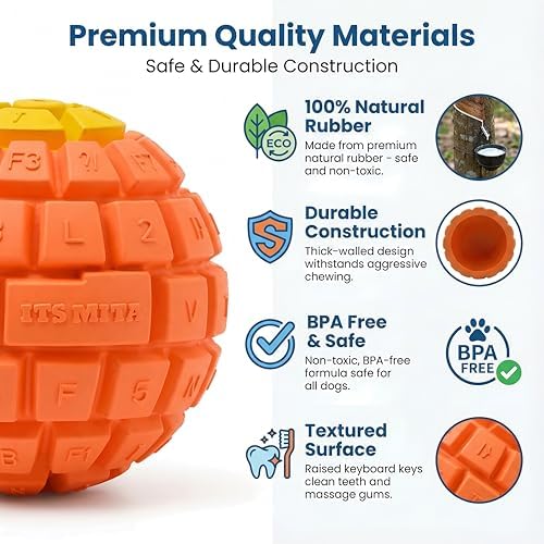 Squeaky Dog Toy Ball, Keyboard-Shaped Chew Toy for Teeth Cleaning, Durable Natural Rubber for Aggressive Chewers, Interactive Dog Toys for Medium & Large Dogs (Mint Blue, Large(3.5''))