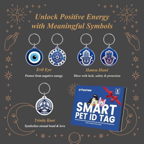 QR Code Pet ID Tags for Dogs & Cats, Guardian Spirit Series 5Pcs, Evil Eye, Hamsa Hand & Celtic Knot Symbols, Scan QR for Instant Location Alerts, Emergency Contact, Dog Collar Charms, Keychain
