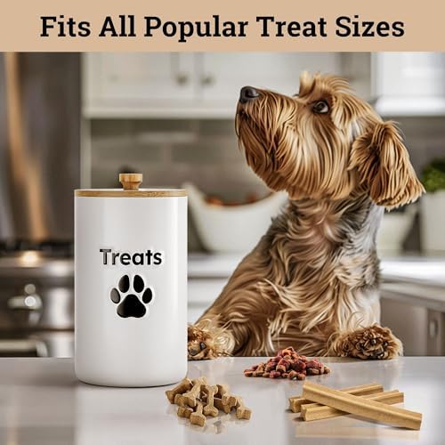 Ceramic Dog Treat Container Airtight with Bamboo Lid, 5"W x 9"H, 7 Cups