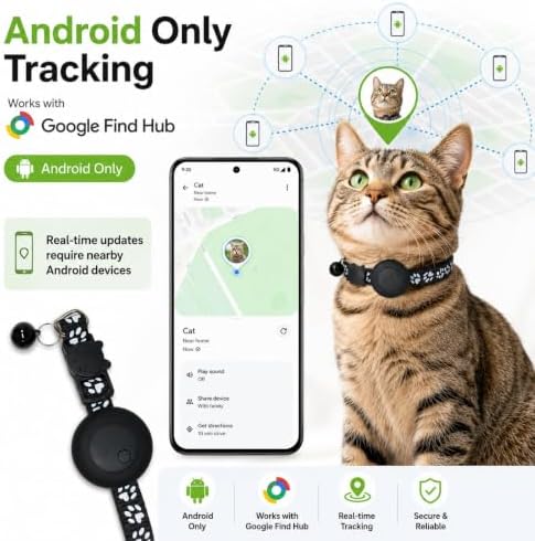 Pet Tracker,GPS Collar for Cats (Android Only) Smart tag,Waterproof Compatible with Google Find My,Advanced Tracking Solution Smart Collar for Pet Safety Ideal Small Large Cats (Black) (Black)