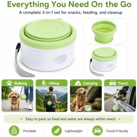 3-in-1 Portable Dog Travel Bowl, Foldable Silicone Pet Walking Container with Treat Storage & Poop Bag Dispenser, Comes with 1 Roll of Poop Bags, Ideal for Hiking, Camping, and Travel, Gray Green.