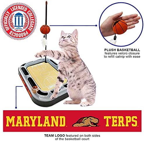 Cat Scratch Toy NCAA Maryland Terrapins Reversible Basketball Court Felt/Cardboard Cat Scratcher Toy. Interactive Cat Ball Bell in Tracks. 6-in-1 CAT Toy: Cat Wand Poll Catnip-Filled Plush Basketball