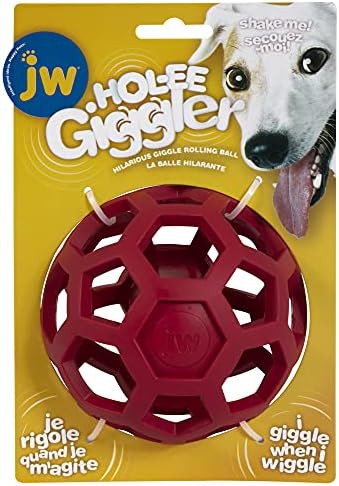 JW Pet HOL-ee Giggler Dog Puzzle Ball, Medium 4.5in, Natural Rubber, Red