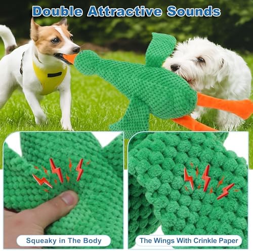 Dog Toys for Aggressive Chewers, Goose Chew Toy for Dogs, Squeaker Crinkle Plush Toy, Tough Interactive Dog Chew Toys, Green