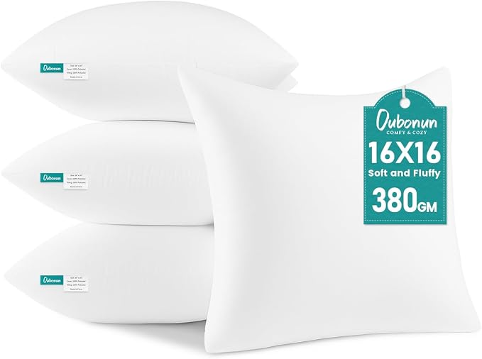 Oubonun 16 x 16 Throw Pillow Inserts Set of 4 | Soft, Plush & Decorative Down Alternative Pillows for Couch Sofa Bed, Machine Washable - White, Pack of 4