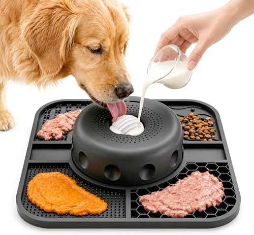 Dog Lick Bowl with Interactive Rolling Ball and Lick Mat, Leak-Proof One-Piece Slow Feeder for Liquid Thick Treats, Anti-Choking Oval Ball Calming Dog Enrichment Toy, Anxiety Relief