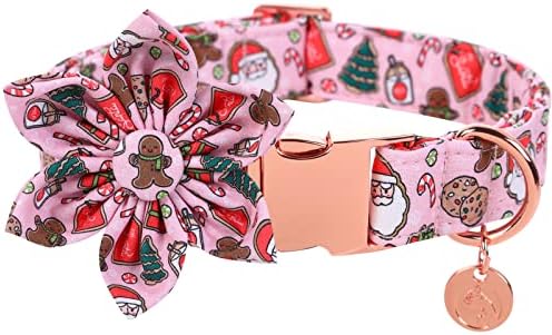 DOGWONG Christmas Dog Collar with Flower, Pink Santa Claus Dog Collar Gingerbread Man Soft Durable Adjustable Cotton Cute Girl Puppy Collar for Small Medium Large Dog