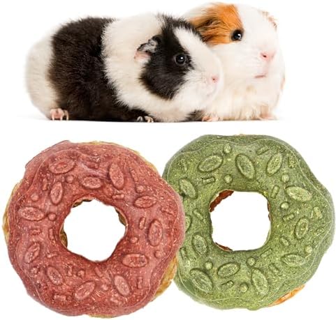 TEEWY Donut Guinea Pig Toys, Natural Vegetables, Fruits and Timothy, Hamster Chew Toys for Teeth, Gerbil Toys, Small Animal Chew Toys for Guinea Pig, Hamster, Chinchilla and Rat, 2PCS