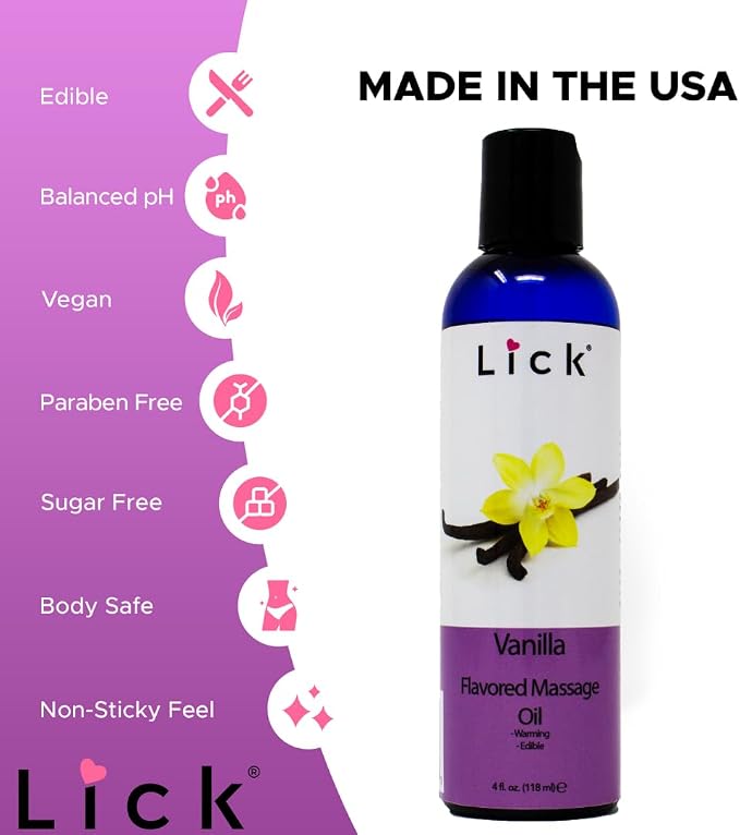 Lick Vanilla Flavored Massage Oil – Classic Dessert-Inspired Edible Massage Oil with Sweet Almond Oil, Silky Non-Greasy Glide for Couples Massage & Skin Care, 4 oz