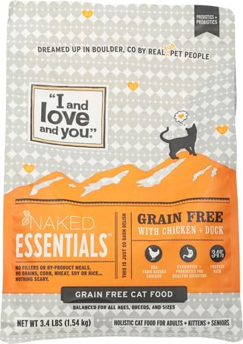 I AND LOVE AND YOU Naked Essentials Dry Cat Food - Chicken + Duck - Grain Free, Real Meat, No Fillers, Prebiotics + Probiotics, 3.4lb Bag (Pack of 2)
