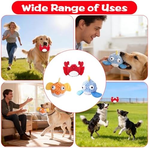 Squeak Dog Toys for Aggressive Chewers, No Stuffing Squeak Dog Chew Toys for Aggressive Chewers, Interactive Dog Toy Ball with Crinkle Paper for Medium Dogs, Large & Small Breeds (F-Whale+Fish)
