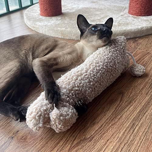 TTcat 14.6 Inch Large Curly Plush Pillow Cat Kicker Toy with Catnip Silvervine Powder, Soft Stuffed Cat Chew Toy with Tail, Interactive Toy for Indoor Cats and Kittens(Beige).