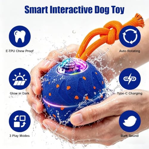 Smart Interactive Dog Toy Ball, Dog Enrichment Toys, Dog Barking Ball, E-TPU Material, Electric Automatic Moving and Rolling Dog Toy with Rope for Small, Medium, Large Dogs Boredom