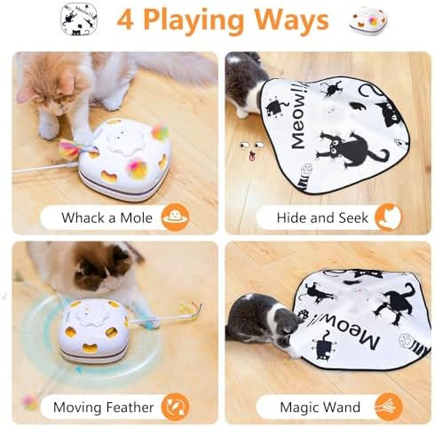 ORSDA Cat Toys for Indoor Cats, 4 in 1 Interactive Automatic Kitten Adult Cat Toy Whack a Mole, Hide and Seek, Moving Magic Wand & Chase Teaser, Rechargeable Touch/Timer Motion& Night DND Mode