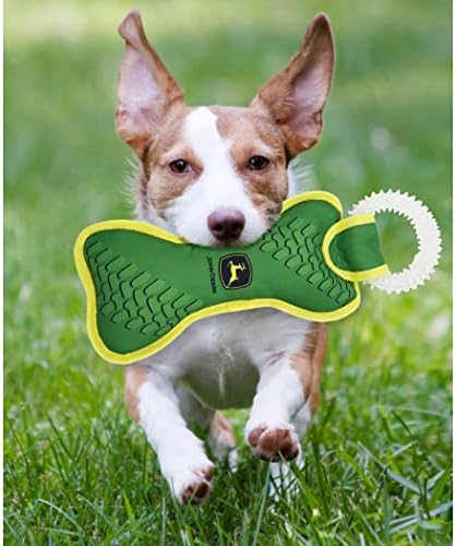 JOHN DEERE DOG DENTAL TEETHING RING TUG TOY & Nylon Squeak Bone Toy. TOUGH STURDY PET TOY with John Deere Logo. BEST DOG FIELD TOY for DOG OWNERS, Famers, Construction gigs, Builders, Landscaping fans