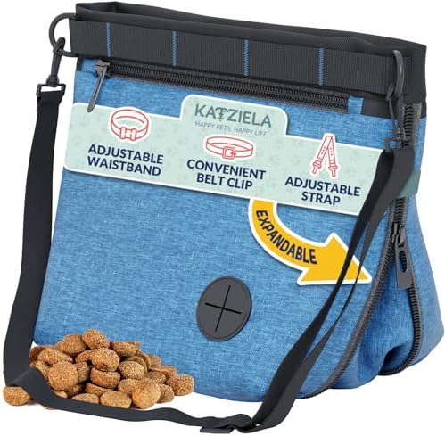Katziela Expandable Pet Treat Pouch - Hands Free Dog Treat Pouch, Quick Access Magnet Closure - Anti Spill Dog Treat Bag - Treat Pouches for Pet Training, Adjustable Shoulder Strap & Belt Clip (Blue)