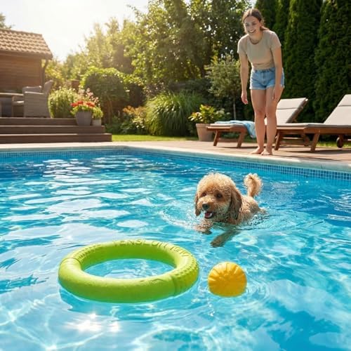 Small Dog Ball with Strap, Floating EVA Interactive Toy (Green, Small)