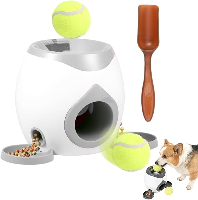 Dog Tennis Ball Launcher with Treat Dispenser, Interactive Puzzle Toy for Dogs, 2-in-1 Fetch Training Machine, Slow Feeder Reward Toy for Medium Large Dogs Indoor Outdoor(B)