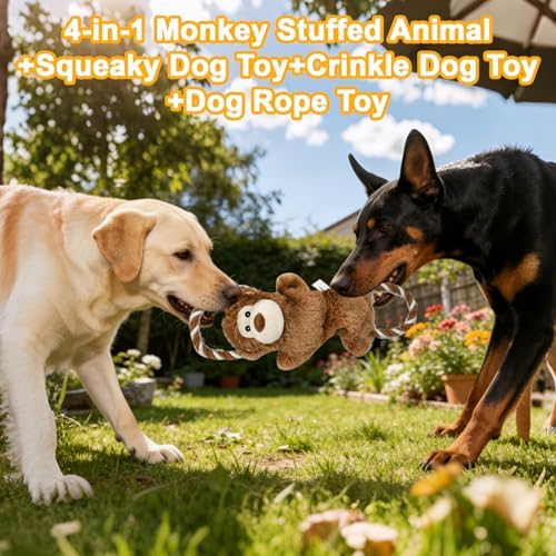 15.55 Inch Monkey Squeaky Dog Toy with Crinkle Paper & Rope, Plush Chew Toy for Puppy Teething, Interactive Tug of War Toy for Small Medium Large Dogs