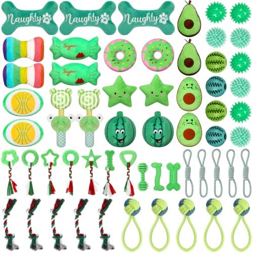 Syhood 60 Pcs Squeaky Dog Toys Bulk Plush Rope, Green, Green Style