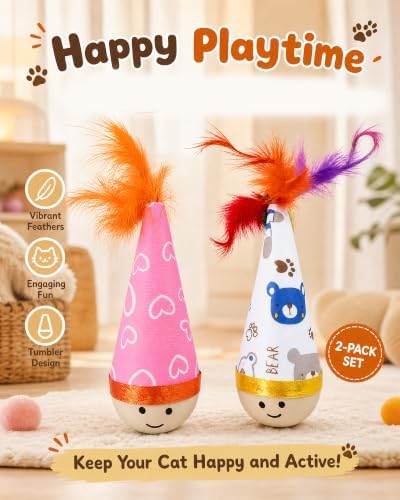 Wooden Wobble Cat Toy,Interactive Self-Righting Wobble Cat Toy with Feather