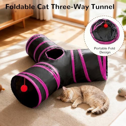 Tempcore Cat Tunnel, 3-Way Collapsible Toy for Indoor Cats, Black & Red
